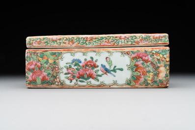 Two Chinese Canton famille rose brush pots and two boxes and covers, 19th C.