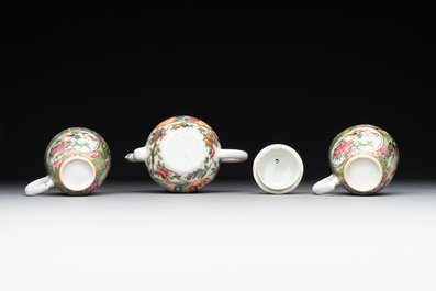 Two Chinese Canton famille rose teapots, a small covered tureen with stand, two cups and two saucers, 19th C.