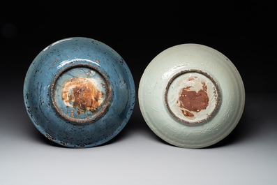 A Chinese Swatow slip-decorated blue-glazed 'chrysanthemum' dish and a turquoise- and black-enamelled 'dragon' dish, Ming