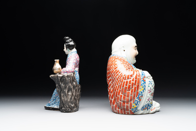A Chinese famille rose lady and a Buddha, 19/20th C.