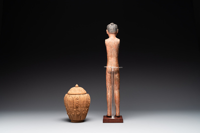 A Chinese painted pottery stick man figure and a pottery 'zodiac' offering vessel, Han/Song