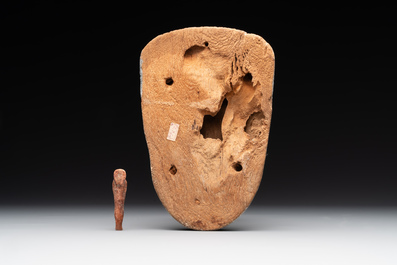 A death mask, a Ushabti, an oil lamp and a ritual cone with hieroglyphs, Egypt, 15th/1st C. B.C.