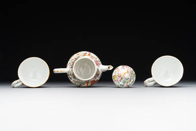 Two Chinese Canton famille rose teapots, a small covered tureen with stand, two cups and two saucers, 19th C.