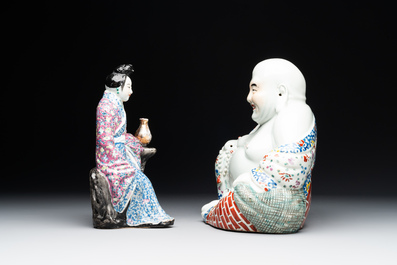 A Chinese famille rose lady and a Buddha, 19/20th C.