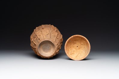 A Chinese painted pottery stick man figure and a pottery 'zodiac' offering vessel, Han/Song