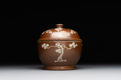 A Chinese slip-decorated brown-glazed 'three friends of winter' bowl and cover, Zhushan kilns, late Ming