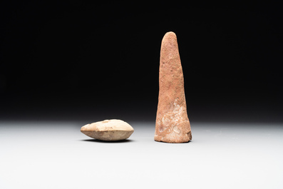 A death mask, a Ushabti, an oil lamp and a ritual cone with hieroglyphs, Egypt, 15th/1st C. B.C.