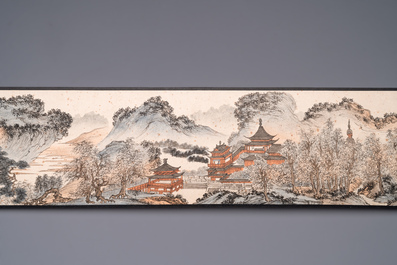 Pu Xinyu 溥心畬 (1896-1963): 'Temple in the mountains', ink and colour on paper, with 'Hongmu' wooden box