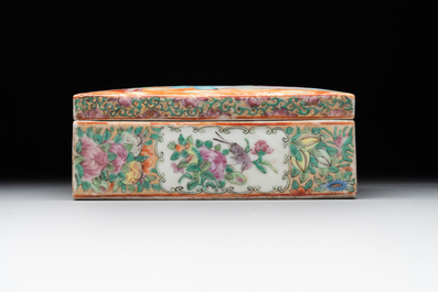 Two Chinese Canton famille rose brush pots and two boxes and covers, 19th C.
