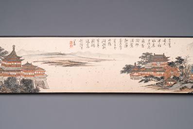 Pu Xinyu 溥心畬 (1896-1963): 'Temple in the mountains', ink and colour on paper, with 'Hongmu' wooden box
