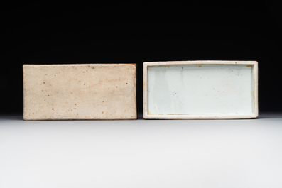 Two Chinese Canton famille rose brush pots and two boxes and covers, 19th C.