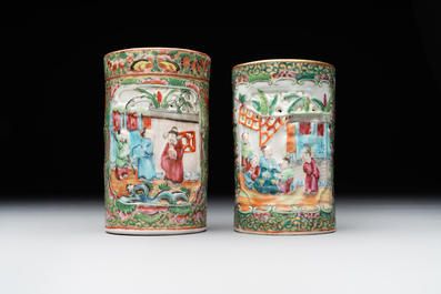 Two Chinese Canton famille rose brush pots and two boxes and covers, 19th C.