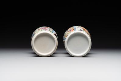 A pair of Chinese Canton famille rose vases and a pair of Dehua blanc de Chine drum-shaped covered jars, 19th C.
