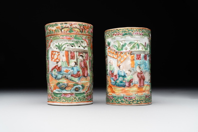 Two Chinese Canton famille rose brush pots and two boxes and covers, 19th C.