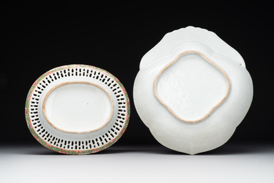 A Chinese Canton famille rose reticulated basket and stand, a bowl and a dish, 19th C.