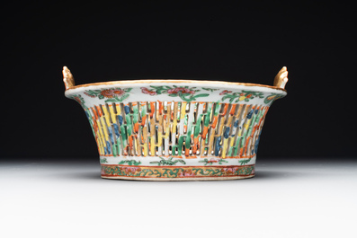 A Chinese Canton famille rose reticulated basket and stand, a bowl and a dish, 19th C.