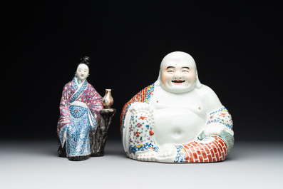 A Chinese famille rose lady and a Buddha, 19/20th C.