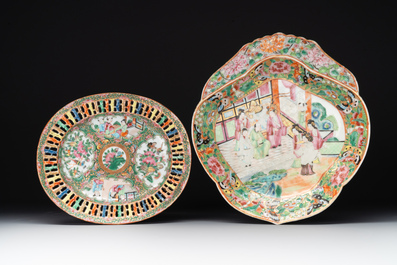 A Chinese Canton famille rose reticulated basket and stand, a bowl and a dish, 19th C.