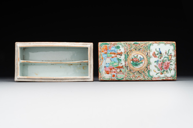 Two Chinese Canton famille rose brush pots and two boxes and covers, 19th C.