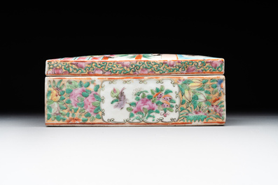 Two Chinese Canton famille rose brush pots and two boxes and covers, 19th C.