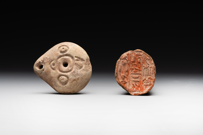 A death mask, a Ushabti, an oil lamp and a ritual cone with hieroglyphs, Egypt, 15th/1st C. B.C.