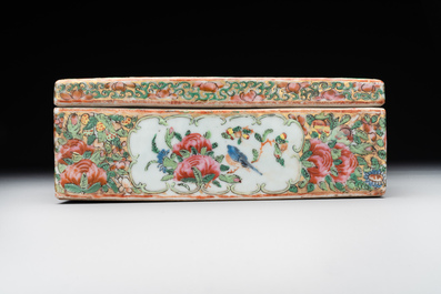 Two Chinese Canton famille rose brush pots and two boxes and covers, 19th C.