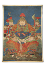 Chinese school: 'Portrait of a general with two servants', ink and colour on silk, Ming or later