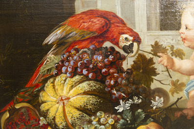 Jan Anton Garemijn (Bruges, 1712-1789): 'Putto with Parrot', oil on canvas, 18th C.