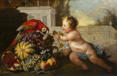 Jan Anton Garemijn (Bruges, 1712-1789): 'Putto with Parrot', oil on canvas, 18th C.