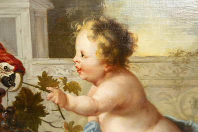 Jan Anton Garemijn (Bruges, 1712-1789): 'Putto with Parrot', oil on canvas, 18th C.