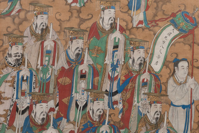 Chinese school: 'Deities in heaven', ink and colour on silk, Qing