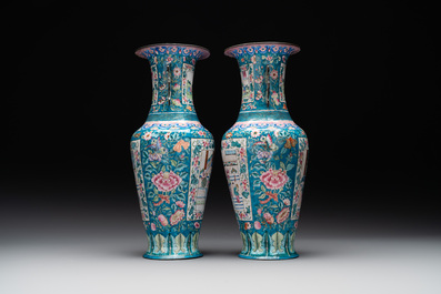 A pair of Chinese Canton enamel vases with narrative design, 19th C.