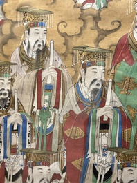 Chinese school: 'Deities in heaven', ink and colour on silk, Qing