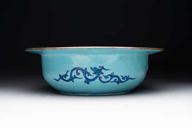 A large Chinese Canton enamel basin with figures in a landscape, Jiaqing