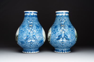 A pair of Chinese famille rose 'hu' vases with fine landscapes, Qianlong mark, Republic