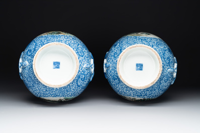A pair of Chinese famille rose 'hu' vases with fine landscapes, Qianlong mark, Republic
