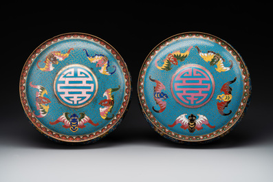 A pair of Chinese cloisonn&eacute; censers with covers and stands, 19/20th C.