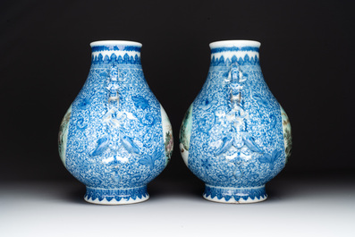 A pair of Chinese famille rose 'hu' vases with fine landscapes, Qianlong mark, Republic