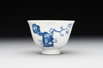 A Chinese blue and white 'Long Eliza and playing boy' cup and saucer, Qi Yu Mei Zhi 奇玉美製 and Bi Yu Tang Zhi 璧玉堂製, Kangxi