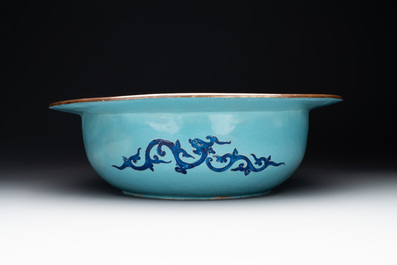 A large Chinese Canton enamel basin with figures in a landscape, Jiaqing