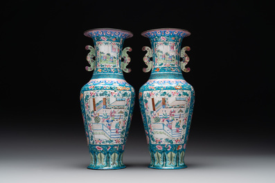 A pair of Chinese Canton enamel vases with narrative design, 19th C.
