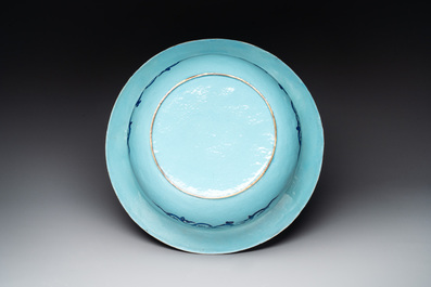 A large Chinese Canton enamel basin with figures in a landscape, Jiaqing