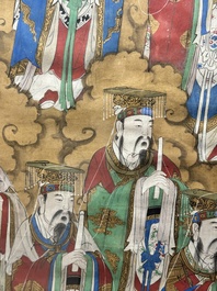 Chinese school: 'Deities in heaven', ink and colour on silk, Qing