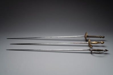 A varied collection of 4 European swords and a walking stick-blade, 17/19th C.