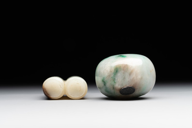 A Chinese jade conjoined double-snuff bottle and a jade 'lily' snuff bottle, 19th C.