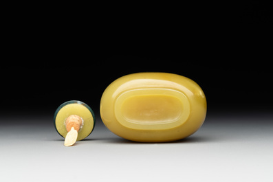 A Chinese yellow jade snuff bottle with moss agate cover and bone stopper, 19th C.