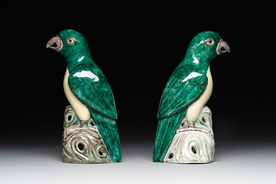 A pair of Chinese verte biscuit parrots, 19th C.