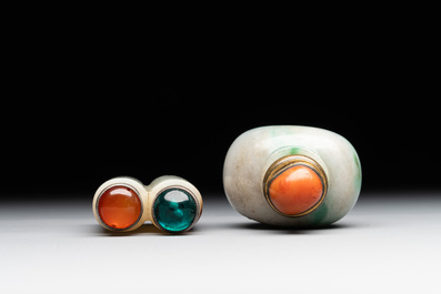 A Chinese jade conjoined double-snuff bottle and a jade 'lily' snuff bottle, 19th C.
