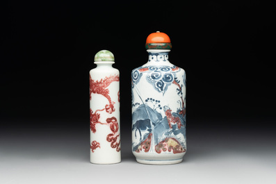 A Chinese blue, white and copper-red snuff bottle with the zodiac and a copper-red 'dragon' snuff bottle, 18/19th C.