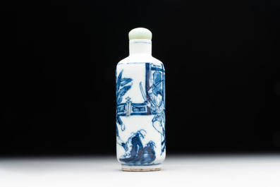 A Chinese blue, white and copper-red 'warriors' snuff bottle, Kangxi mark, 19th C.